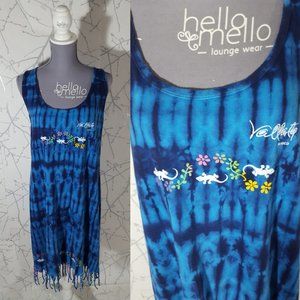 Neon Beachwear Blue Tie Dye Salamanders Printed Fringed Shift Dress
